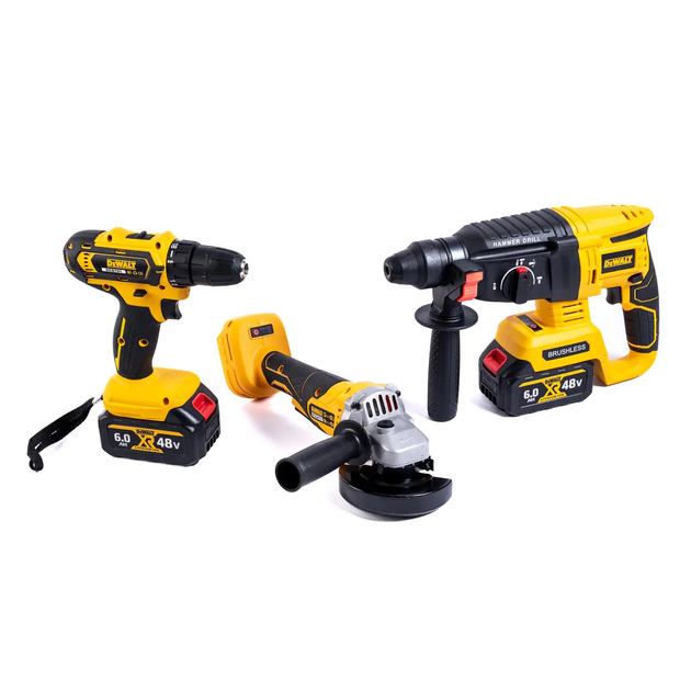 Набор аккумуляторный DeWalt 3в1 шуруповерт перфоратор болгарка в кейсе с 2 аккумуляторами 48 Вт Черный с желтым - Фото 7 Набор аккумуляторный DeWalt 3в1 шуруповерт перфоратор болгарка в кейсе с 2 аккумуляторами 48 Вт Черный с желтым - изображение 7