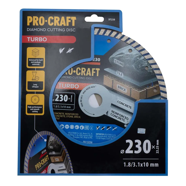 Диск алмазний різальний Procraft Turbo DT230 - Фото 2 Диск алмазний різальний Procraft Turbo DT230 - зображення 2