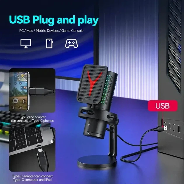 Микрофон Yanmai GM7 RGB игровой USB Type-C — кардиоидный, с подсветкой, регулятором громкости и mute - изображение 5