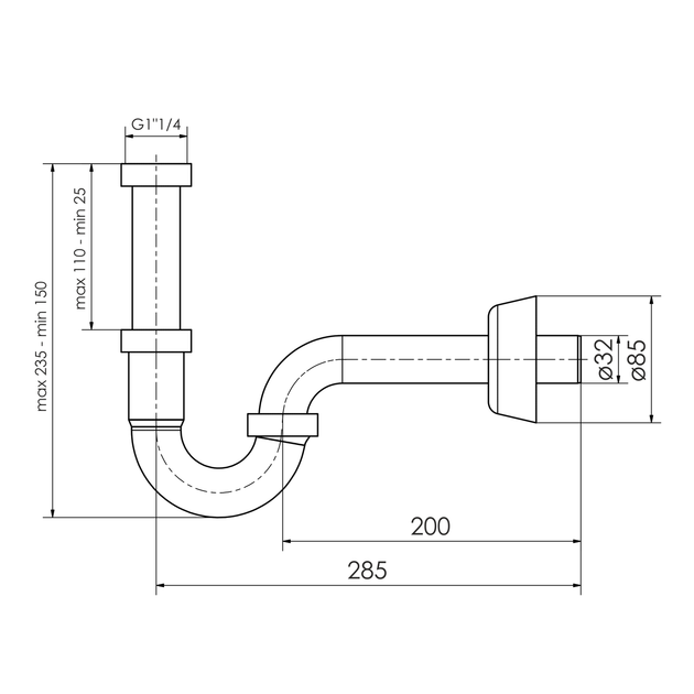 Сифон для умывальника без донного клапана 1 1/4", пластик хром, слив 200xD32 IMPRESE i-SEW d12600201S - изображение 2