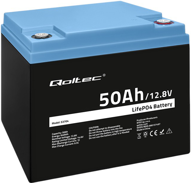 Акумуляторна батарея Qoltec LiFePO4 Літій-залізо-фосфатний 12.8V 50Ah 640Wh BMS 53704 (5901878537047) - зображення 2