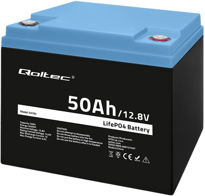 Акумуляторна батарея Qoltec LiFePO4 Літій-залізо-фосфатний 12.8V 50Ah 640Wh BMS 53704 (5901878537047) - зображення 3