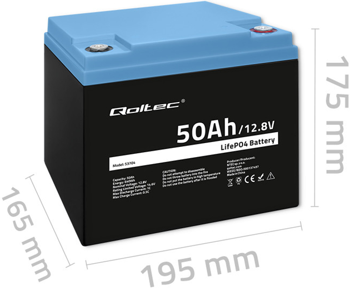 Акумуляторна батарея Qoltec LiFePO4 Літій-залізо-фосфатний 12.8V 50Ah 640Wh BMS 53704 (5901878537047) - зображення 7