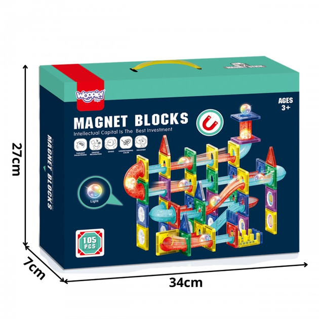 Klocki Magnetyczne Woopie 3D Zestaw Edukacyjny, Tor Kulkowy, LED, 105 elementów (5906280654849) - obraz 4