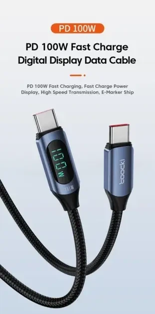 Кабель 2м Toocki Type-C-Type-C PD 100W (20V/5A) QC4.0 LED дисплей швидка зарядка для ноутбуків смартфонів планшетів - Фото 2 Кабель 2м Toocki Type-C-Type-C PD 100W (20V/5A) QC4.0 LED дисплей швидка зарядка для ноутбуків смартфонів планшетів - зображення 2