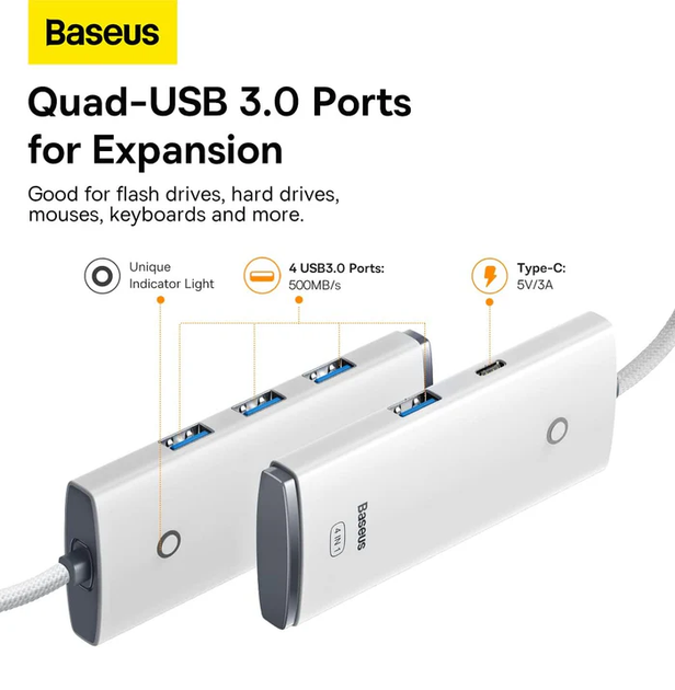 USB-хаб Baseus Lite Series 4-Port USB-A HUB Adapter (USB-A to USB 3.0*4) 25cm White (WKQX030002) - изображение 5