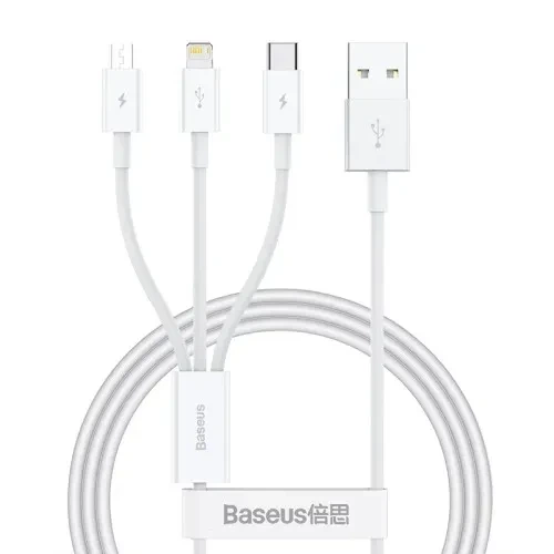 USB Baseus Superior Series Fast Charging Data Cable USB to M+L+C 3.5A 1m White P10320105221-00 - Фото 1 USB Baseus Superior Series Fast Charging Data Cable USB to M+L+C 3.5A 1m White P10320105221-00 - изображение 1
