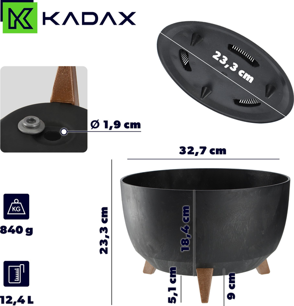 Doniczka na nóżkach Kadax z wkładką na dno Czarny 33 cm (5903699496015) - obraz 2