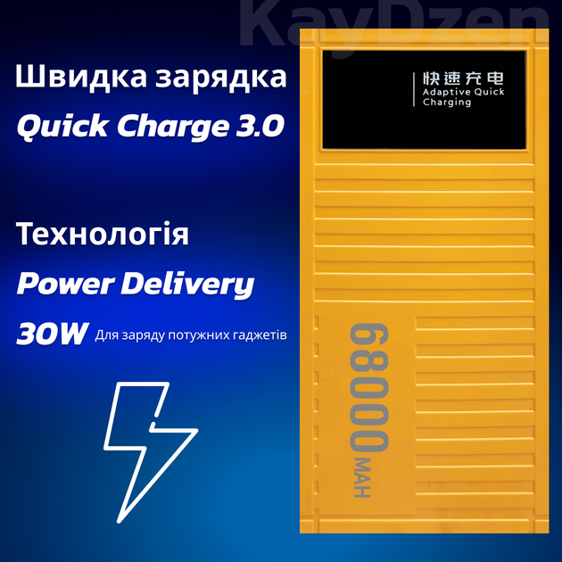 Повербанк УМБ 68000 mah QC 3.0 PD20 powerbank Andowl Q-CD6500Х1 мощный павербанк для ноутбука телефона роутера внешний портативный аккумулятор с дисплеем большой емкости желтый - изображение 5