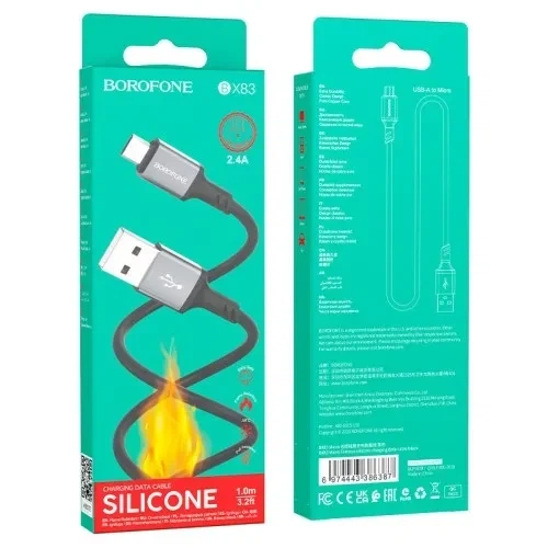 Кабель BOROFONE BX83 Famous silicone for Micro 2.4A/1m чорний - Фото 1 Кабель BOROFONE BX83 Famous silicone for Micro 2.4A/1m чорний - зображення 1
