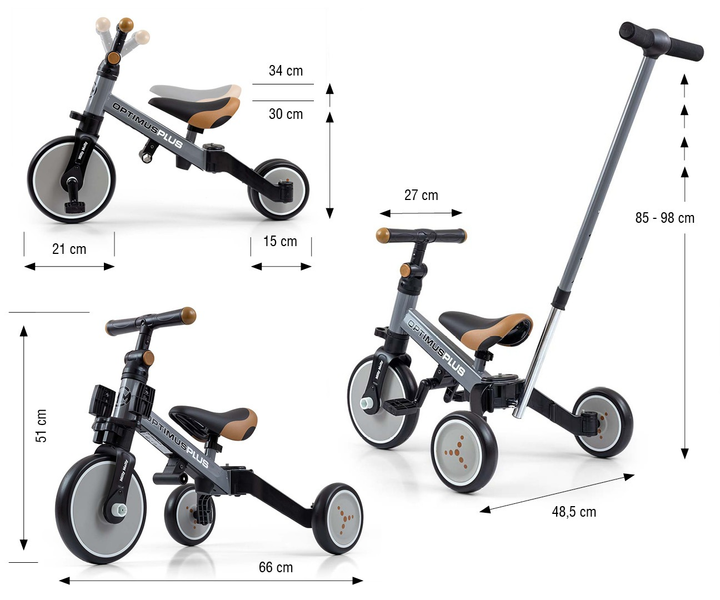 Rowerek trójkołowy Milly Mally Optimus Plus 4w1 szary 5307 (5901761128543) - obraz 12