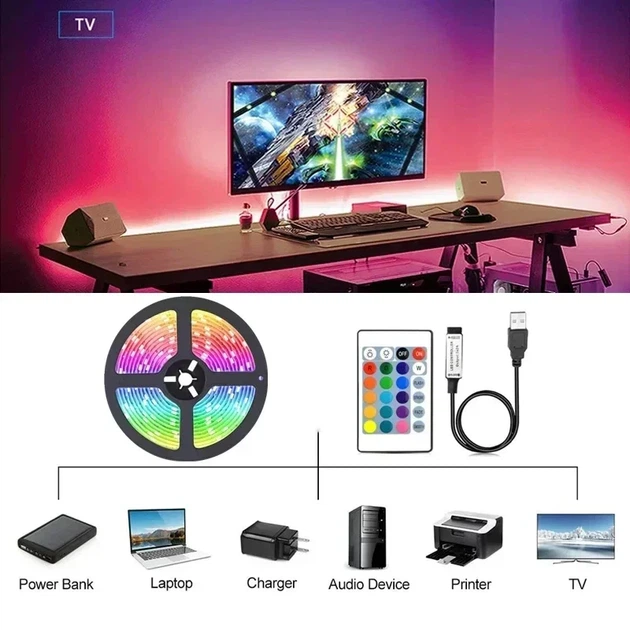 Светодиодная LED лента RGB 5 м USB 5V с пультом и Bluetooth управлением для подсветки комнаты - изображение 3