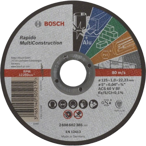 Отрезной круг по металлу Bosch Multi Construction Rapido 125x1.0x22.2 мм отвечают требованиям безопасности EN 12413 FEPA и oSa - Фото 1 Отрезной круг по металлу Bosch Multi Construction Rapido 125x1.0x22.2 мм отвечают требованиям безопасности EN 12413 FEPA и oSa - изображение 1