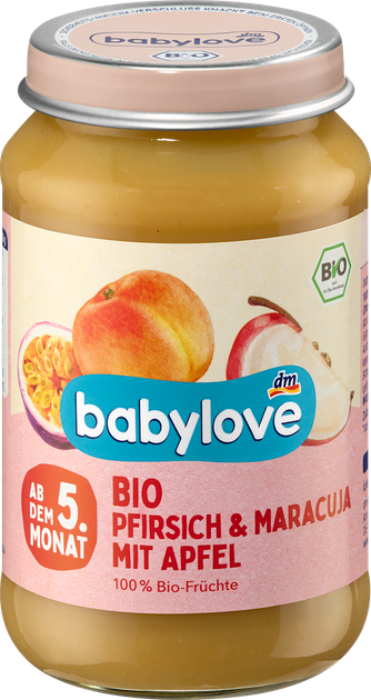 Фруктовое пюре из персика, маракуйи и яблока, для детей с 5 месяцев, TM Babylove, 190 грамм - Фото 1 Фруктовое пюре из персика, маракуйи и яблока, для детей с 5 месяцев, TM Babylove, 190 грамм - изображение 1