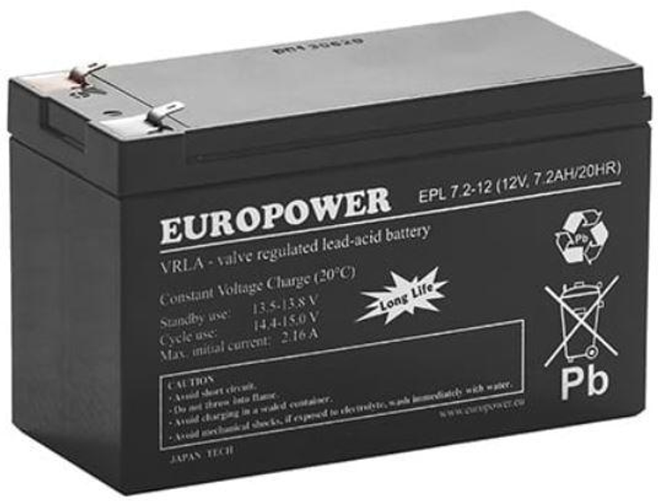 Akumulator AGM EuroPower EPL 12V 7.2Ah T1 (EPL 7.2-12 T1) - obraz 1