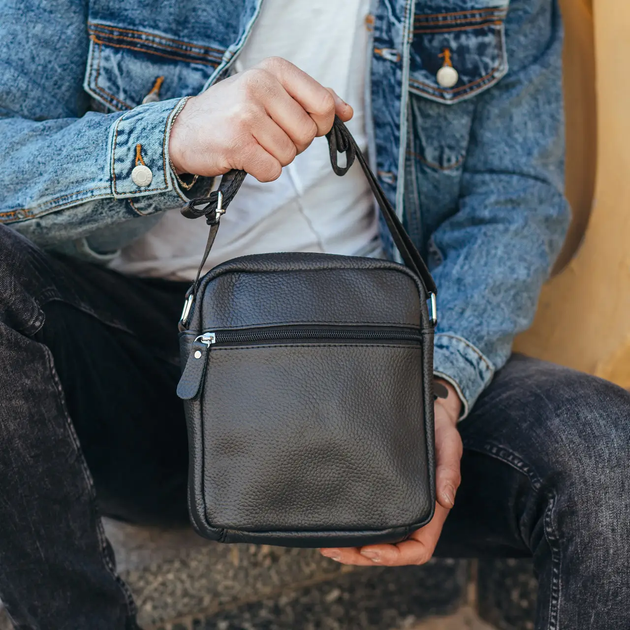 Барсетка-мессенджер мужская кожаная Tiding Bag BON6165 19х22х5 черная, через плечо (JDT-0849798) - изображение 5