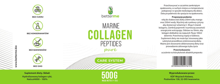 Suplement diety Better Me Care System Marine Collagen Peptides Pure 500 g (5904422547615) - obraz 3