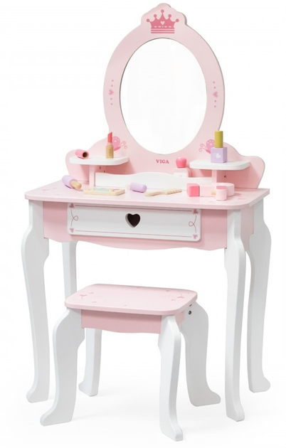 Деревяний туалетний столик Viga з дзеркалом стільцем та аксесуарами Біло-Рожевий (6971608447822) - зображення 1