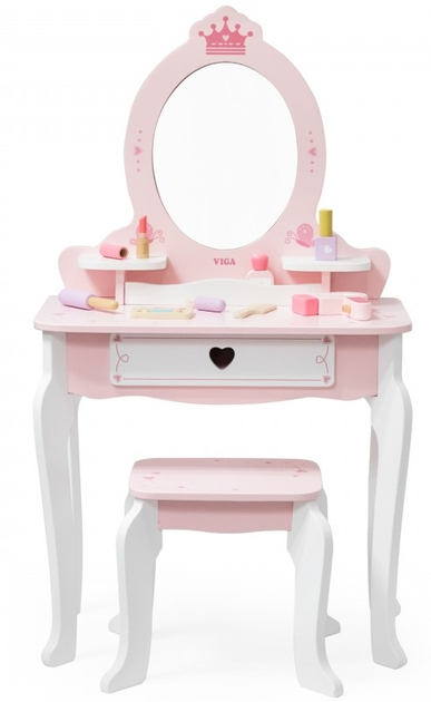 Деревяний туалетний столик Viga з дзеркалом стільцем та аксесуарами Біло-Рожевий (6971608447822) - зображення 2