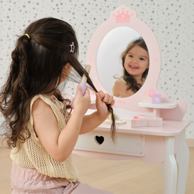 Деревяний туалетний столик Viga з дзеркалом стільцем та аксесуарами Біло-Рожевий (6971608447822) - зображення 12