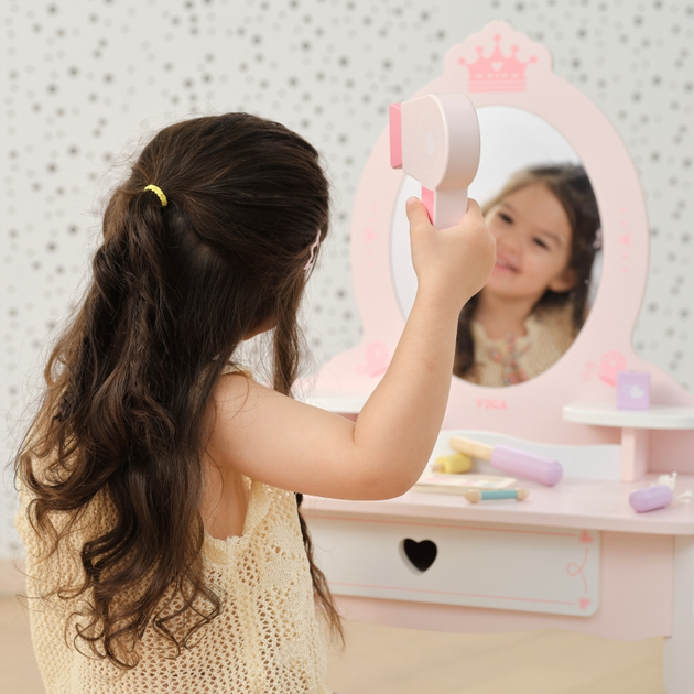 Деревяний туалетний столик Viga з дзеркалом стільцем та аксесуарами Біло-Рожевий (6971608447822) - зображення 13