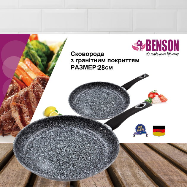 Сковорода с антипригарным гранитным покрытием Benson BN-513 диаметр 28см круглая с индукционным дном - Фото 2 Сковорода с антипригарным гранитным покрытием Benson BN-513 диаметр 28см круглая с индукционным дном - изображение 2