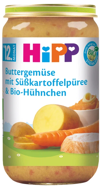 Упаковка пюре органического HiPP Овощное с бататом и курицей для детей с 12 месяцев 250 г х 6 шт (4062300198845) - Фото 2 Упаковка пюре органического HiPP Овощное с бататом и курицей для детей с 12 месяцев 250 г х 6 шт (4062300198845) - изображение 2