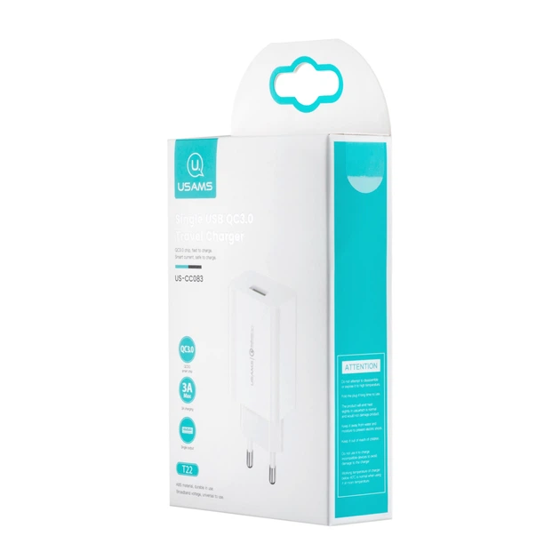 Зарядний пристрій мережевий Usams CC083 T22 QC3.0 Travel Charger 3A white - зображення 2