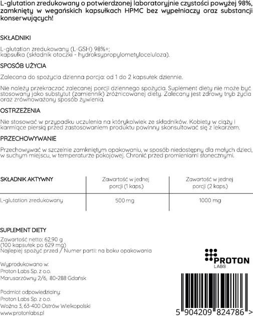 Suplement diety Proton Labs L-glutation zredukowany 500 mg 100 kapsułek (5904209824786) - obraz 2