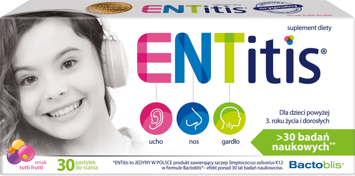 Дієтична добавка Polski Lek ENTitis Смак tutti frutti 30 пастилок для розсмоктування (5904157902468) - зображення 1