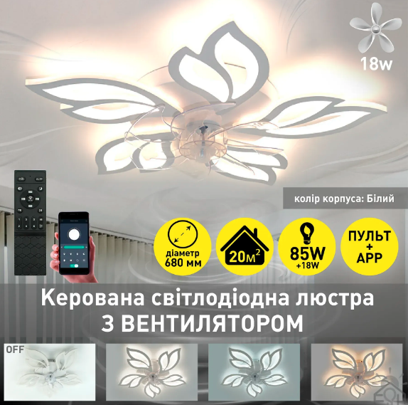 Люстра светодиодная с пультом FAN ASTRA с вентилятором 85W+18W 5F-APP WHITE - изображение 4
