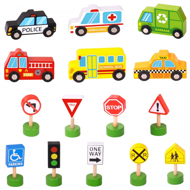 Zestaw Woopie GREEN Drewniane pojazdy i znaki drogowe 15 elementów (5906280653521) - obraz 3