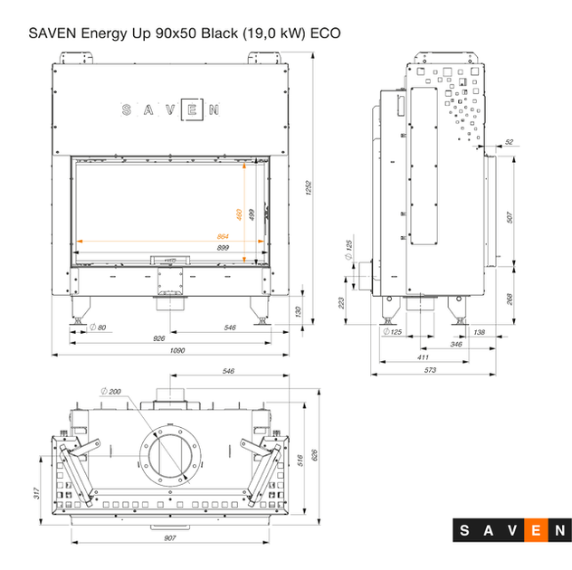 Камінна топка SAVEN Energy Up 90х50 Black (19,0 kW) ECO - изображение 2