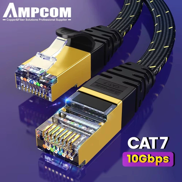 LAN кабель для интернет патч-корд RJ45 Ampcom CAT7 STP 10Gbps с оплеткой Neylon Black, 1м (48758) - изображение 2