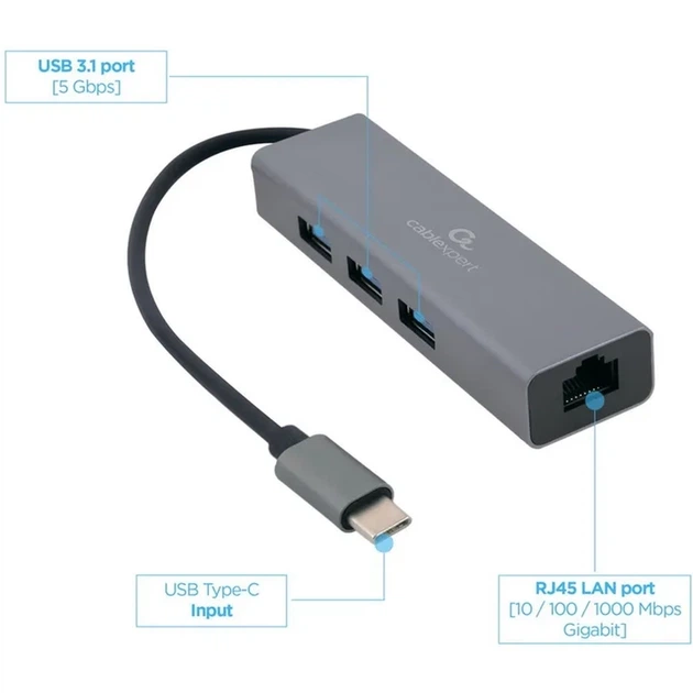 Адаптер Cablexpert A-CMU3-LAN-01 Type-C на Gigabit Ethernet + хаб 3xUSB 3.1 Gen1 - изображение 2