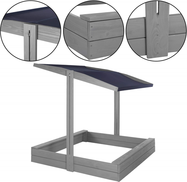 Дерев’яна пісочниця Springos з дахом, функцією закриття, лавками та полотном 120 x 120 см Сіра (5907719499369) - зображення 6