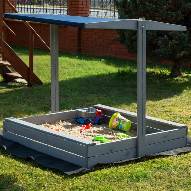 Дерев’яна пісочниця Springos з дахом, функцією закриття, лавками та полотном 120 x 120 см Сіра (5907719499369) - зображення 12