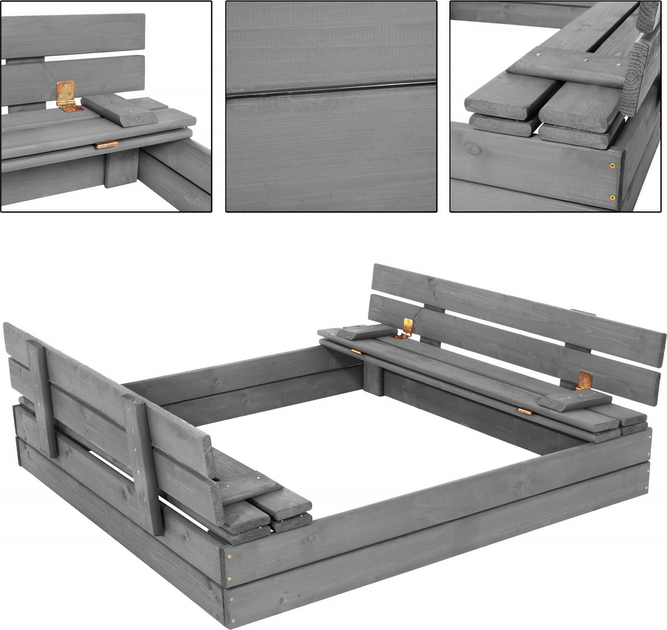 Дерев’яна пісочниця Springos просочена з кришкою, лавками, брезентом та підстилкою 120 x 120 см (5908455302340) - зображення 3