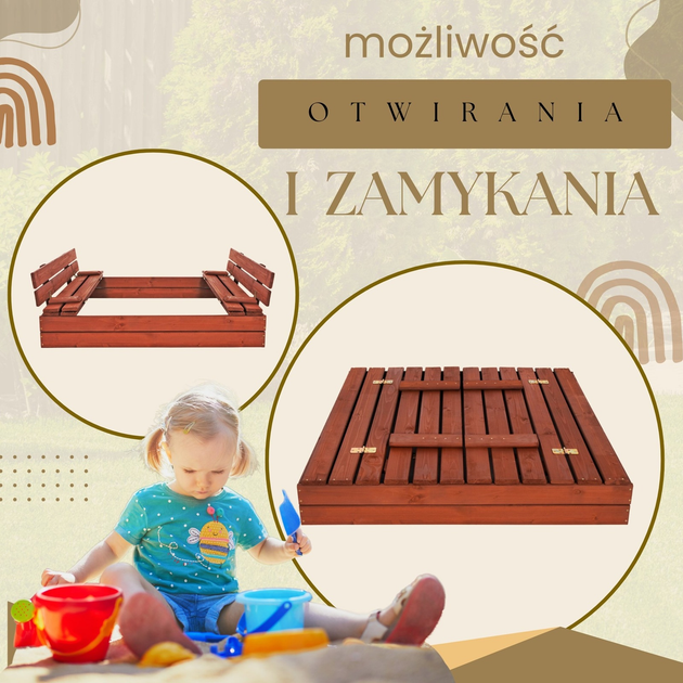 Дерев’яна пісочниця Springos просочена з кришкою, лавками, брезентом та полотном 120 x 120 см (5907719499321) - зображення 7