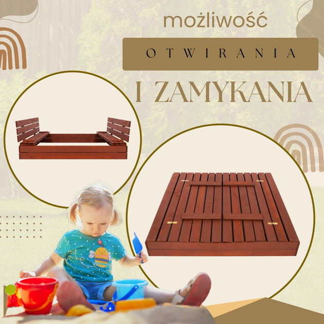 Дерев’яна пісочниця Springos просочена з кришкою, лавками, брезентом та полотном 140 x 140 см Каштанова (5907719499352) - зображення 8