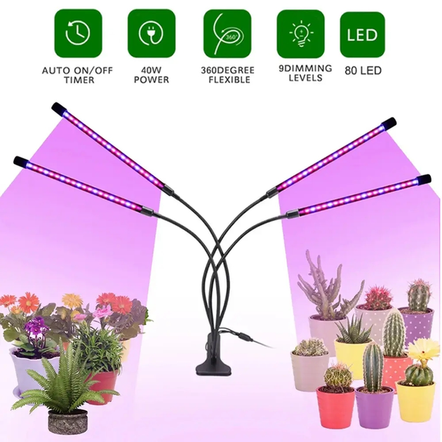 Фитолампа Led Plant Grow Light 4 Лампы Для Роста Растений На Прищепке Фитосветильник Для Комнатных Цветов, Рассады Чёрно-Прозрачный - изображение 3