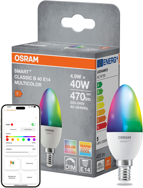 Inteligentna lampa LED OSRAM SMART+ WiFi B40 4.9W RGBW 470 Lm DIM E14 (4099854461330) - obraz 5