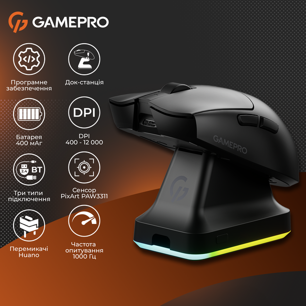 Миша GamePro Genesis Wizard Wireless/Bluetooth/USB Black (GM160B) - Фото 19 Миша GamePro Genesis Wizard Wireless/Bluetooth/USB Black (GM160B) - зображення 19