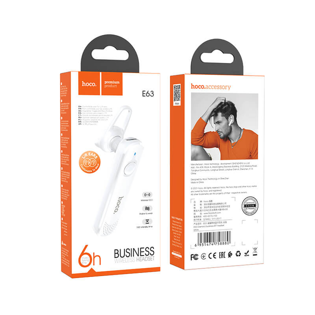 Bluetooth-гарнитура для телефона HOCO Diamond business BT headset E63 Белый - Фото 4 Bluetooth-гарнитура для телефона HOCO Diamond business BT headset E63 Белый - изображение 4