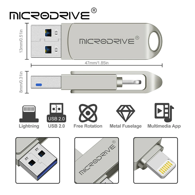 Флешка металлическая 2в1 128ГБ USB-Lightning для Apple iPhone, iPad, iPod, компьютера Microdrive 128GB OTG - изображение 9