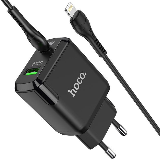 Зарядний пристрій для телефону з швидкою зарядкою + кабель Lightning HOCO N5 |USB/Type-C, 20W/3A, QC3/PD| Чорний - зображення 6