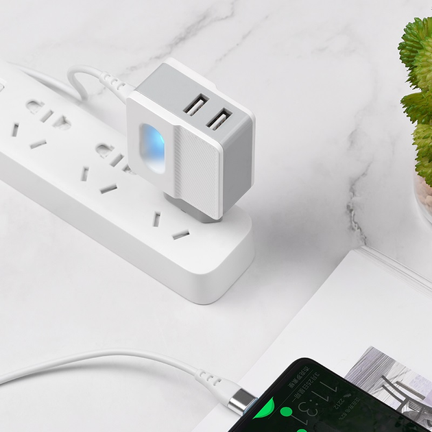 Зарядний пристрій для телефону Android вбудований кабель Type-C HOCO C75 |2USB, 2.4A| Білий - зображення 7