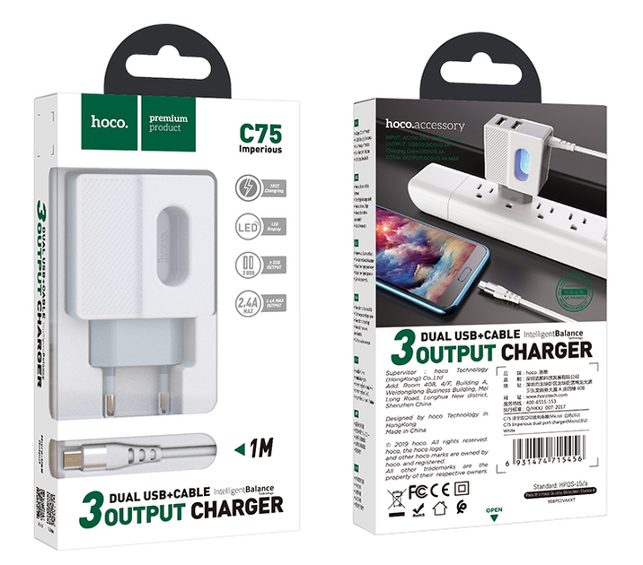 Сетевое зарядное устройство для телефона Android встроенный кабель Micro-USB HOCO C75 |2USB, 2.4A| Белый - изображение 5