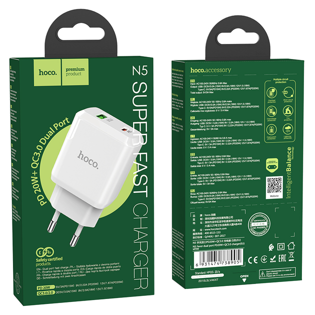 Сетевое зарядное устройство с быстрой зарядкой HOCO Favor N5 |1USB/1Type-C, 3.0A, QC/PD| Белый - Фото 8 Сетевое зарядное устройство с быстрой зарядкой HOCO Favor N5 |1USB/1Type-C, 3.0A, QC/PD| Белый - изображение 8