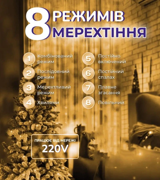 Светодиодная гирлянда для елки/декоративная/уличная мишура Роса 900 LED 8 режимов с пультом ДУ теплый белый свет 30 метров - изображение 5